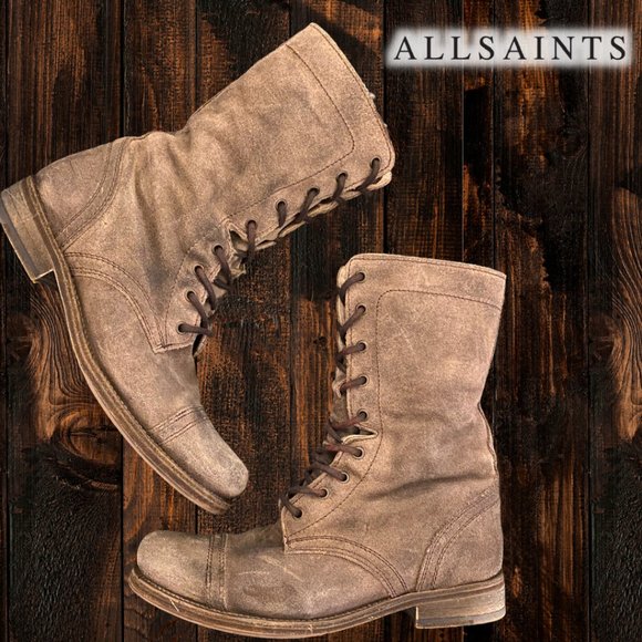 AllSaints Brown Shearling Suede Military Boot - Picture 2 of 6